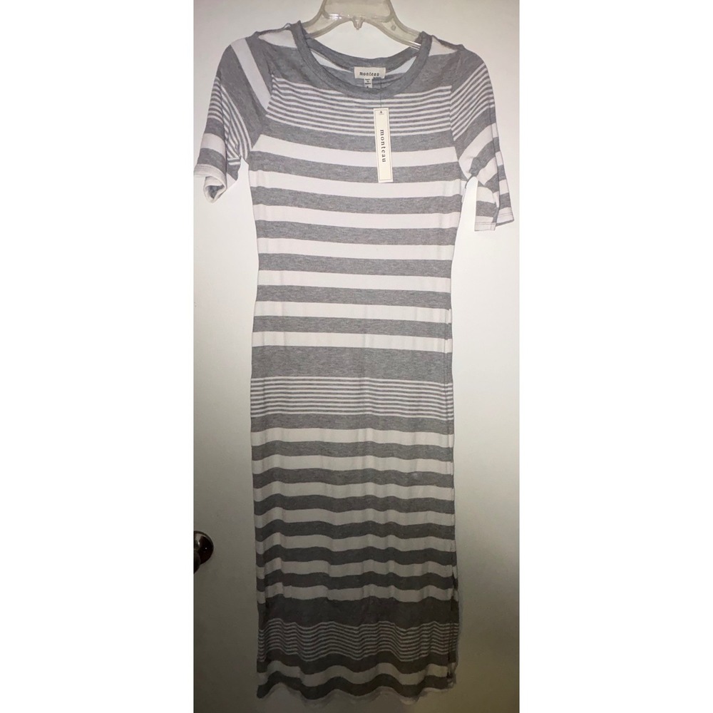 Monteau Womens Grey White Striped Ribbed Knit Short Sleeve Maxi Dress Size Large
